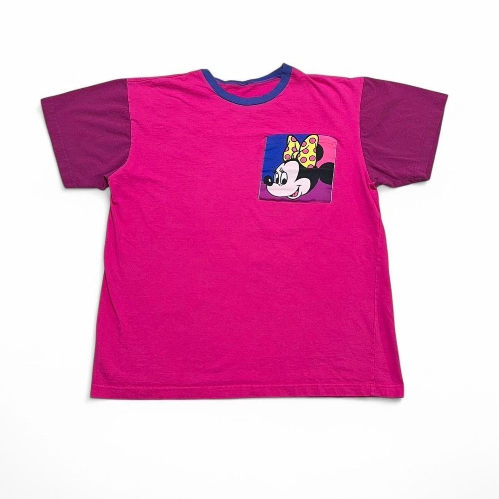 Disney Minnie Mouse‎ T-Shirt Women Large Pink Vintage 90s Colorblock Pocket Tee